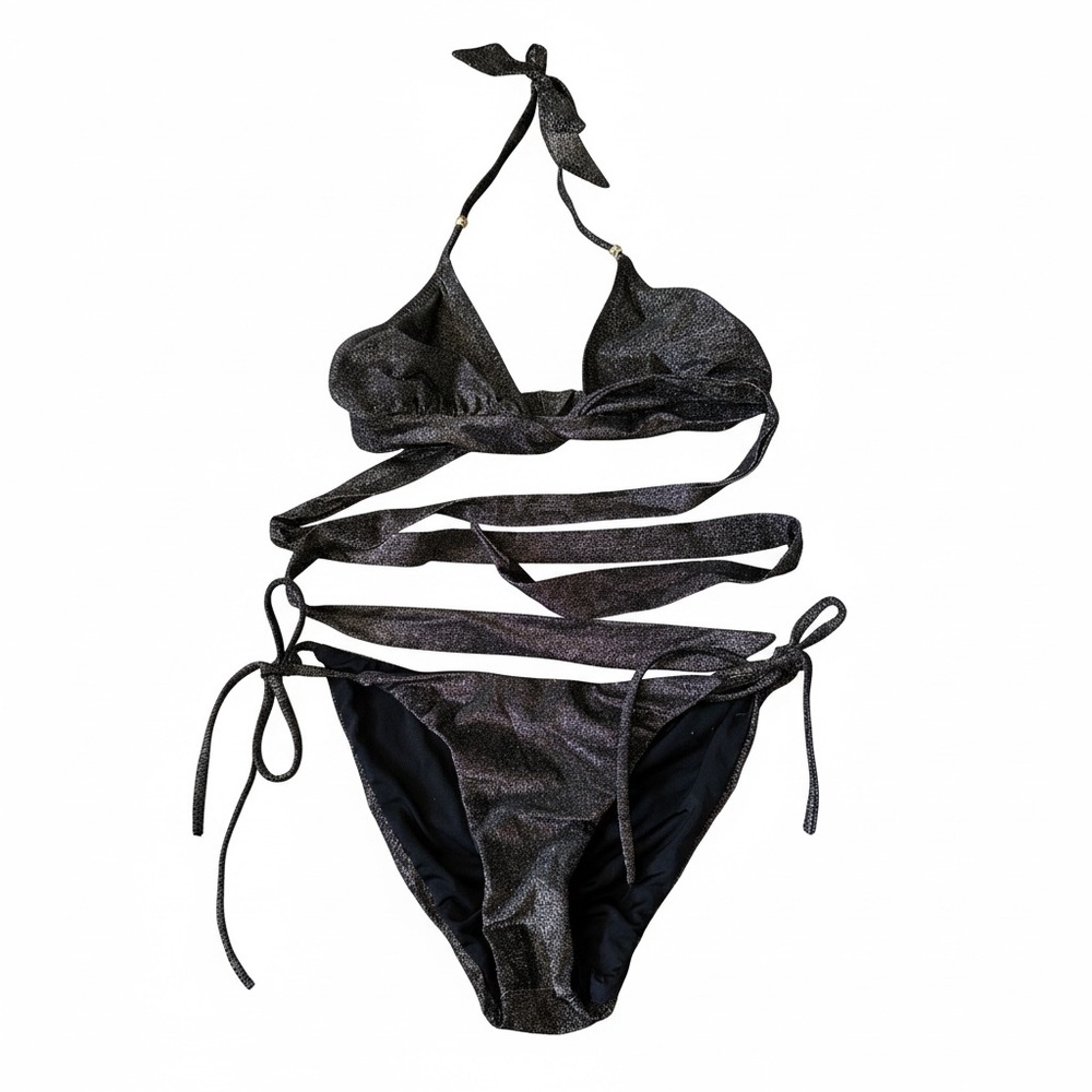 Eberjey Lurex wrap around bikini metallic black